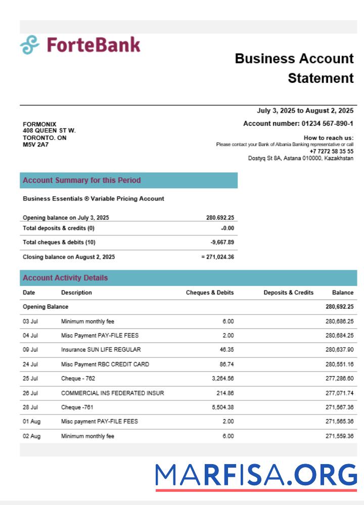Blank Forte bank firm account statement Word and PDF template